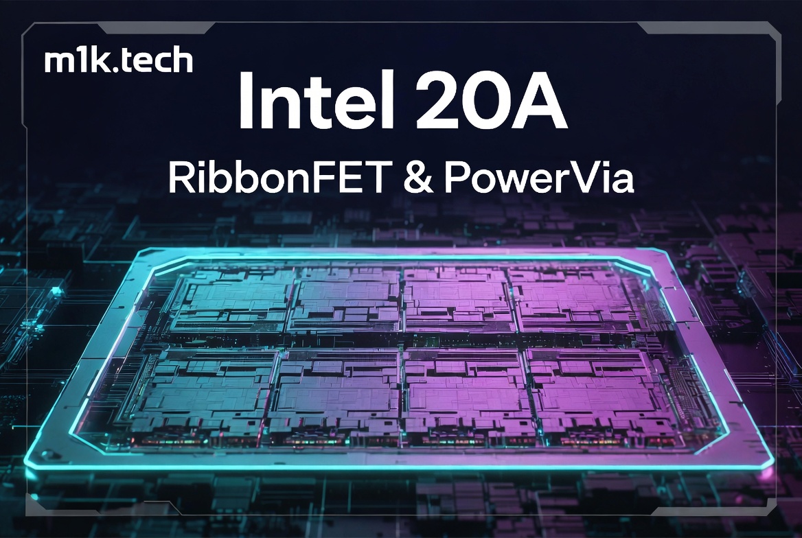 Intel 20A process node featuring RibbonFET and PowerVia technologies, shown with a stylized chip illustration