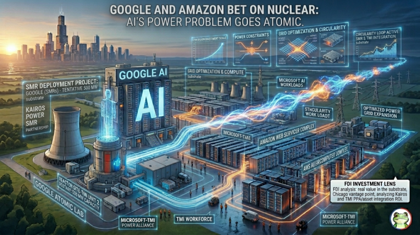 Illustrated infographic showing Google, Amazon, and Microsoft nuclear and AI data center projects, titled Google and Amazon Bet on Nuclear: AI's Power Problem Goes Atomic