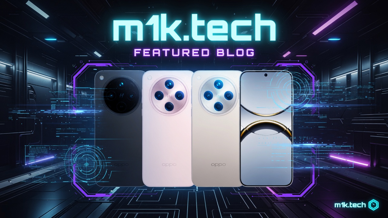 m1k.tech Featured Blog banner showing four OPPO smartphones in black, pink, and gold colorways with circular multi-camera arrays