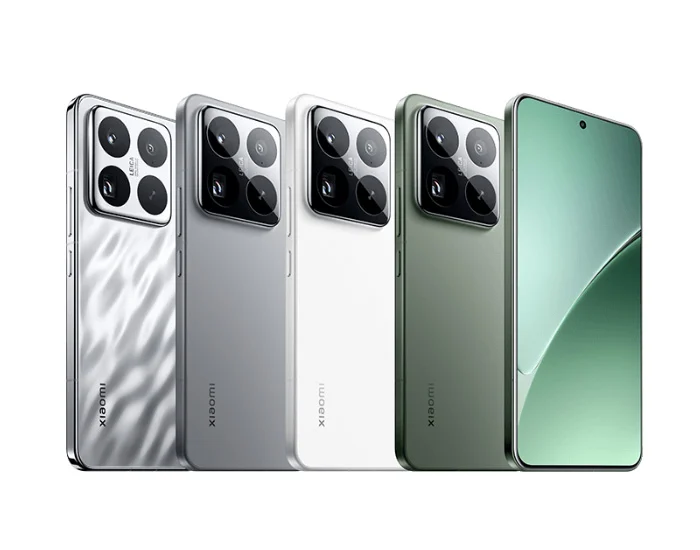 Xiaomi 15 series smartphones in silver, grey, white, and green showing the rear camera module and front display