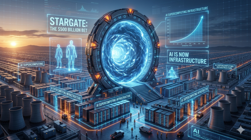 Stargate: The $500 Billion Bet — AI Is Now Infrastructure, illustrated with a futuristic data center complex surrounding a glowing portal gate
