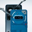 Blue Nothing Phone 3a showing front and back, with robotic repair arms highlighting its repairability design