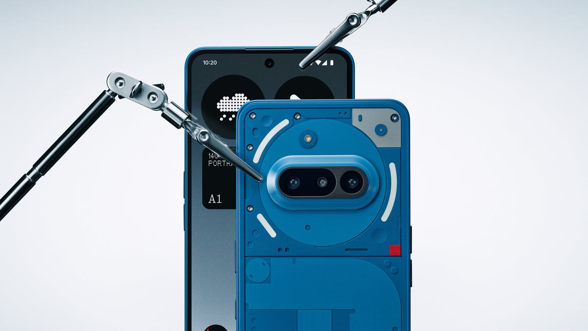 Blue Nothing Phone 3a showing front and back, with robotic repair arms highlighting its repairability design