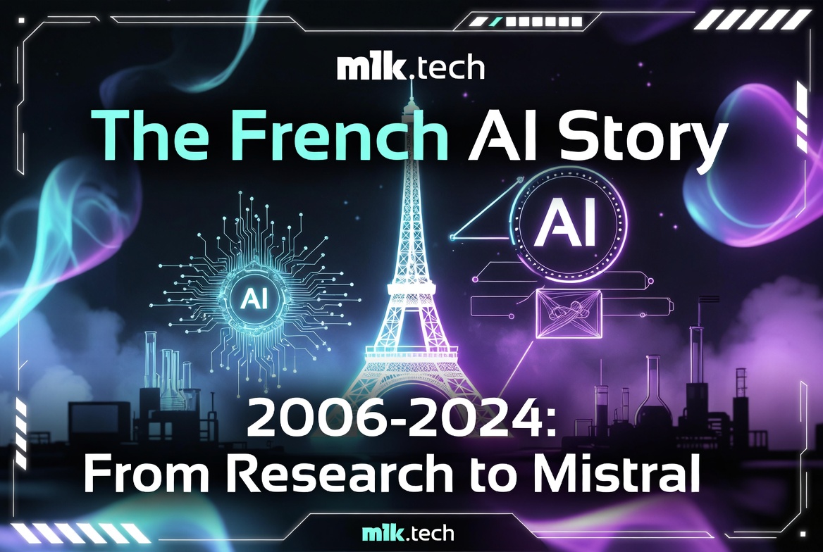 The French AI Story 2006–2024: From Research to Mistral — mlk.tech article cover featuring the Eiffel Tower with AI circuit imagery