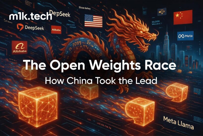 The Open Weights Race: How China Took the Lead — illustrated with a dragon representing Chinese AI labs like DeepSeek and Alibaba facing US competitors including Meta Llama