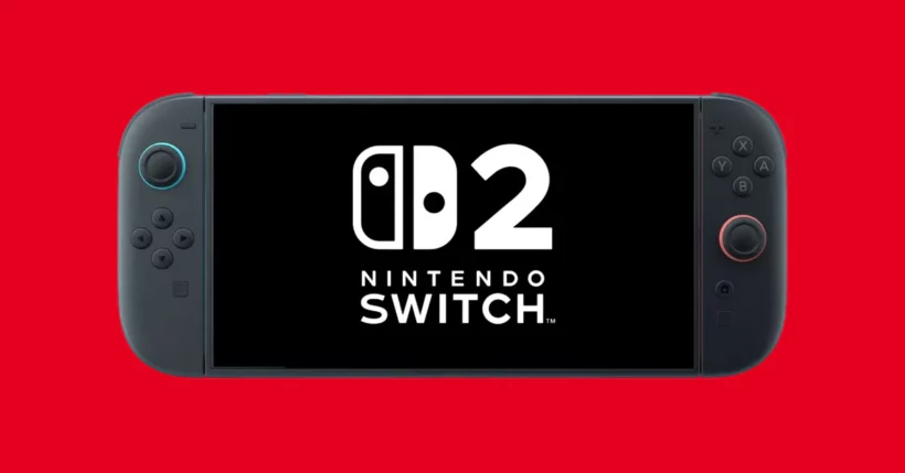 Nintendo Switch 2 console displaying its official logo on screen against a red background