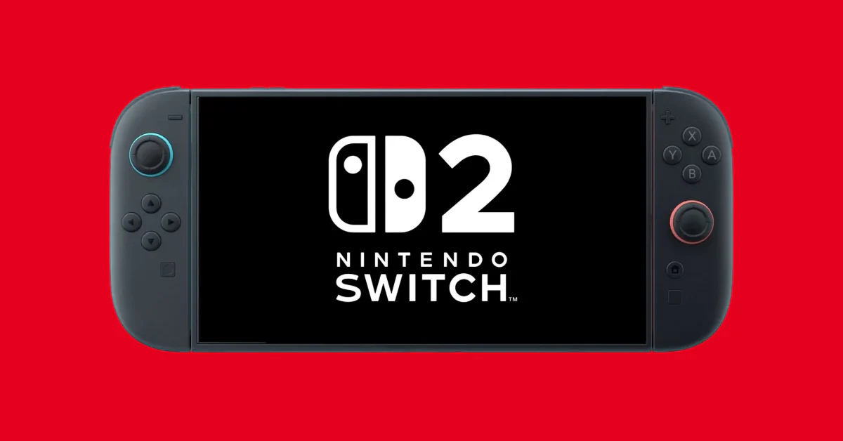 Nintendo Switch 2 console displaying its official logo on screen against a red background