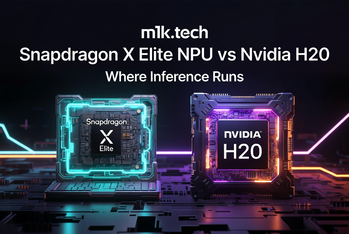 m1k.tech article header: Snapdragon X Elite NPU vs Nvidia H20 — Where Inference Runs, showing both chips side by side