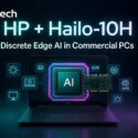 m1k.tech: HP + Hailo-10H — Discrete Edge AI in Commercial PCs, shown with an HP laptop and glowing AI chip graphic