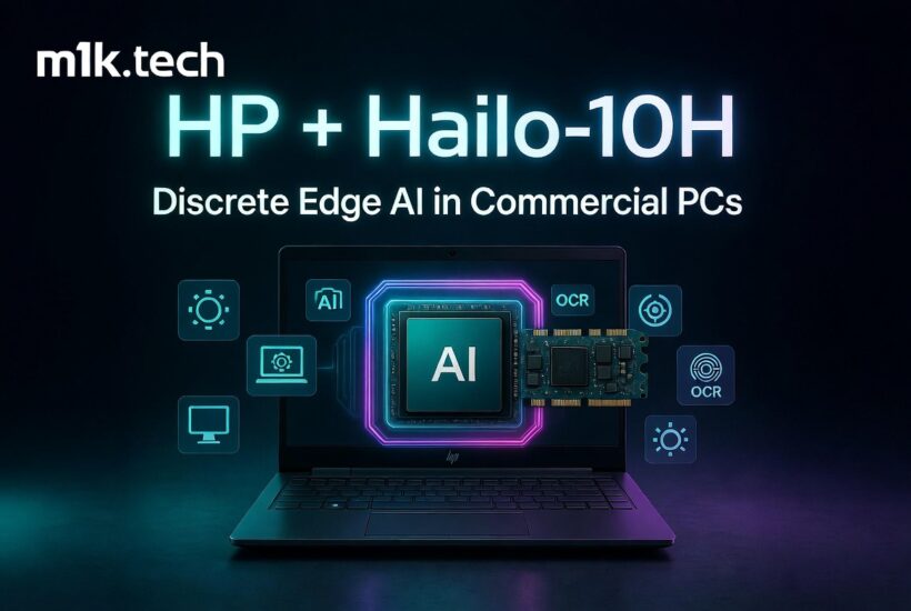 m1k.tech: HP + Hailo-10H — Discrete Edge AI in Commercial PCs, shown with an HP laptop and glowing AI chip graphic