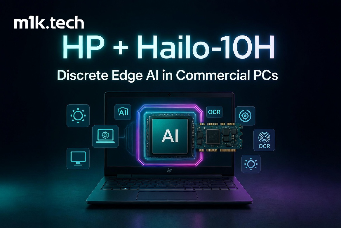 m1k.tech: HP + Hailo-10H — Discrete Edge AI in Commercial PCs, shown with an HP laptop and glowing AI chip graphic