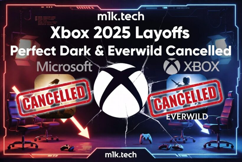 Xbox 2025 Layoffs — Perfect Dark and Everwild cancelled stamps over game art, cracked Xbox logo, empty studio chairs with controllers on the floor