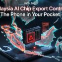 Malaysia AI Chip Export Controls — The Phone in Your Pocket, article cover image from m1k.tech showing an Nvidia H100 chip with a warning symbol over a glowing map of Malaysia