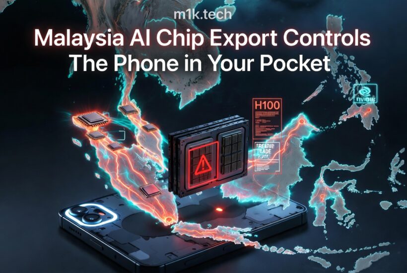 Malaysia AI Chip Export Controls — The Phone in Your Pocket, article cover image from m1k.tech showing an Nvidia H100 chip with a warning symbol over a glowing map of Malaysia