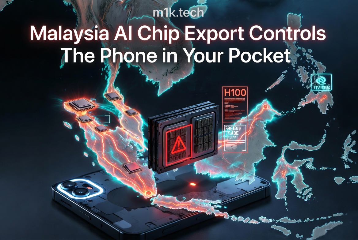 Malaysia AI Chip Export Controls — The Phone in Your Pocket, article cover image from m1k.tech showing an Nvidia H100 chip with a warning symbol over a glowing map of Malaysia