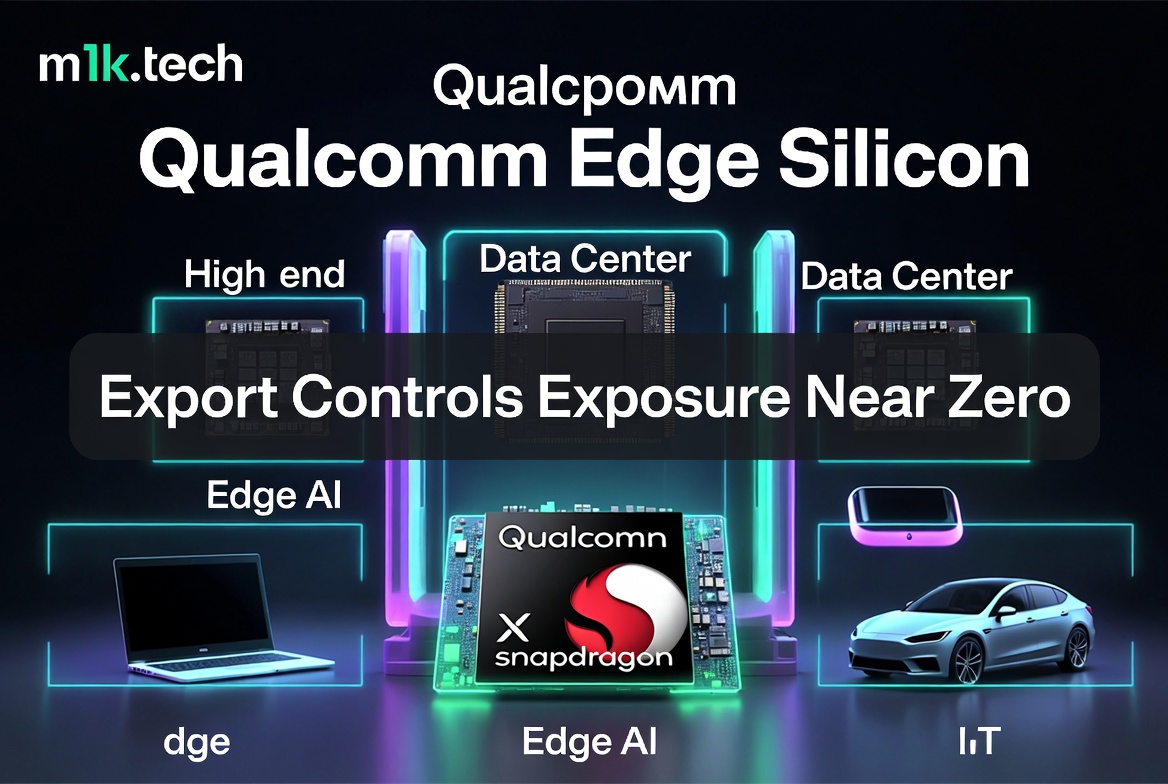 Qualcomm Edge Silicon infographic showing Snapdragon X chip serving High End, Data Center, Edge AI, and IoT segments with Export Controls Exposure Near Zero