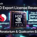 H20 Export License Reversal, AI Moratorium & Qualcomm Edge — featuring NVIDIA H20 chip, Snapdragon, and Qualcomm Edge AI NPU logos
