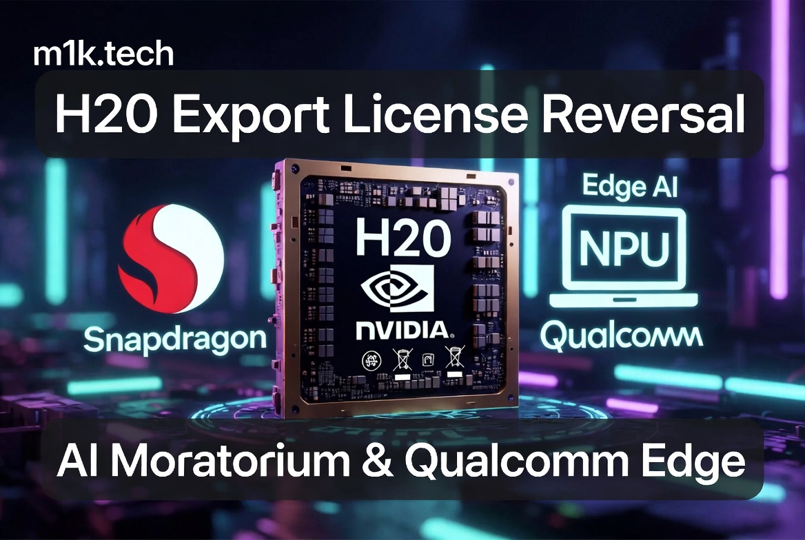 H20 Export License Reversal, AI Moratorium & Qualcomm Edge — featuring NVIDIA H20 chip, Snapdragon, and Qualcomm Edge AI NPU logos