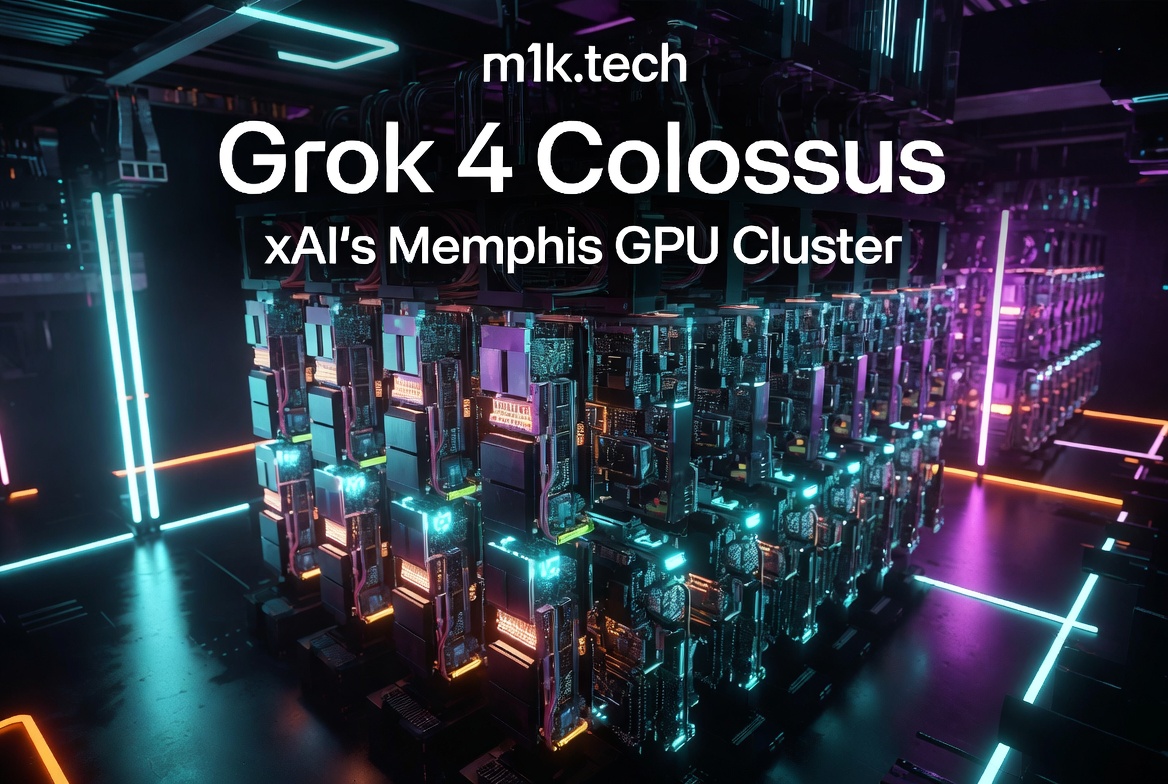 Grok 4 Colossus – xAI's Memphis GPU Cluster, illustrated with a stylized neon-lit server rack array