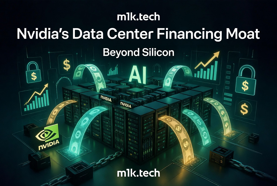 m1k.tech article cover: Nvidia's Data Center Financing Moat — Beyond Silicon, featuring Nvidia servers surrounded by glowing financial symbols