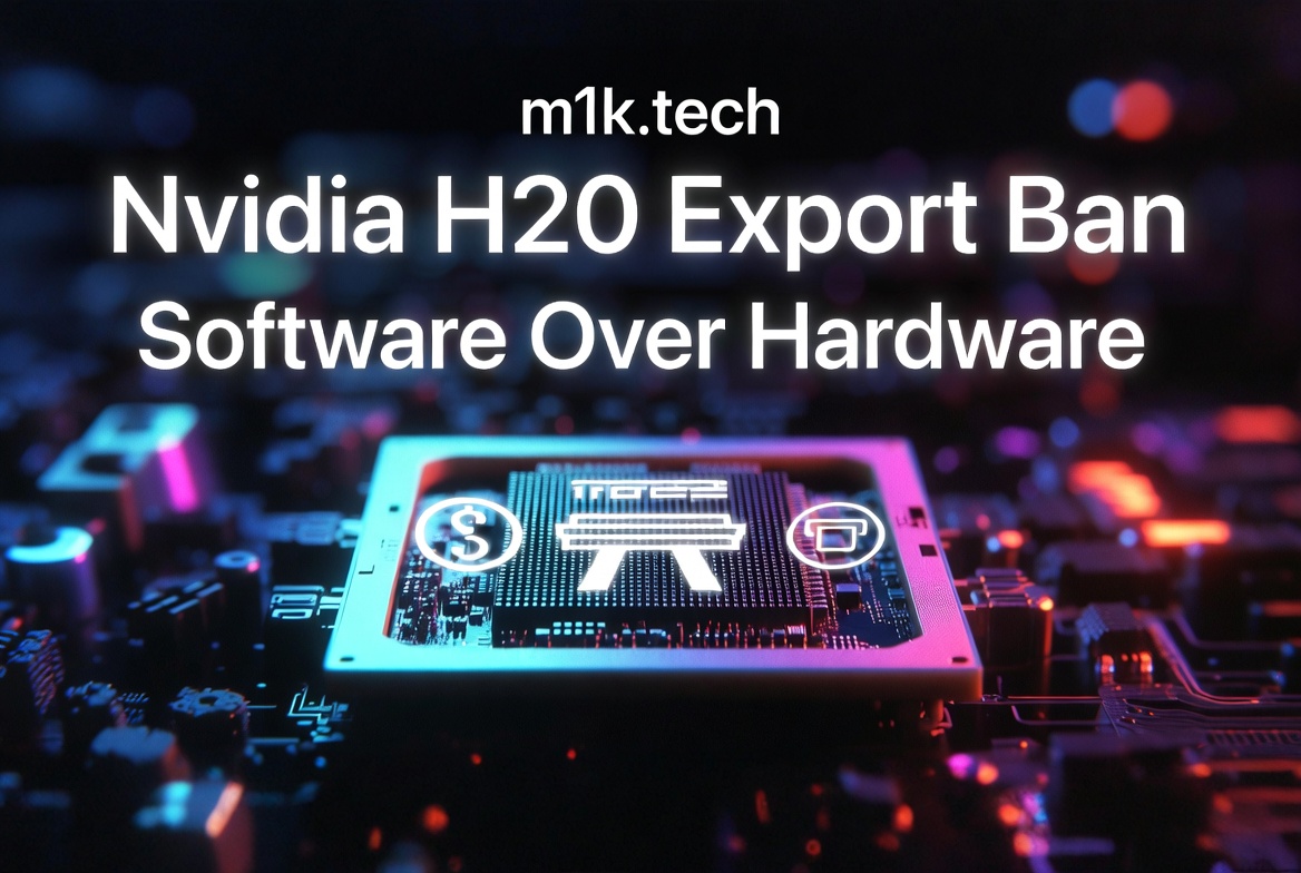 m1k.tech article: Nvidia H20 Export Ban — Software Over Hardware, with a glowing GPU chip on a circuit board