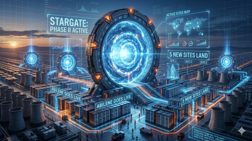 Stylized illustration of a massive AI data center campus with glowing server racks, cooling towers, and holographic overlays reading Stargate: Phase II Active, Abilene Goes Live, and 5 New Sites Land