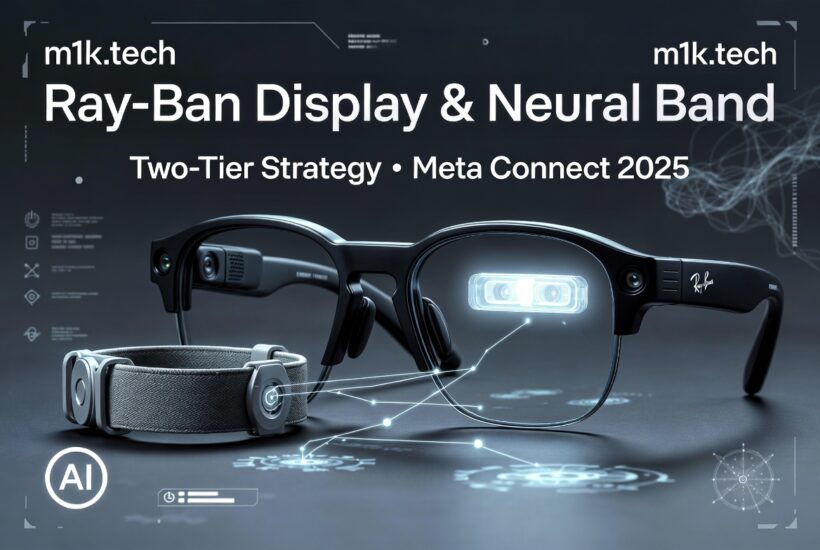 Ray-Ban Display smart glasses with monocular HUD in the right lens, alongside the Neural Band wrist controller