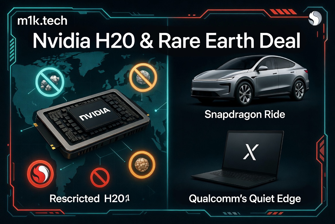 m1k.tech infographic: Nvidia H20 & Rare Earth Deal — covering Restricted H20 chips, Snapdragon Ride, and Qualcomm's Quiet Edge