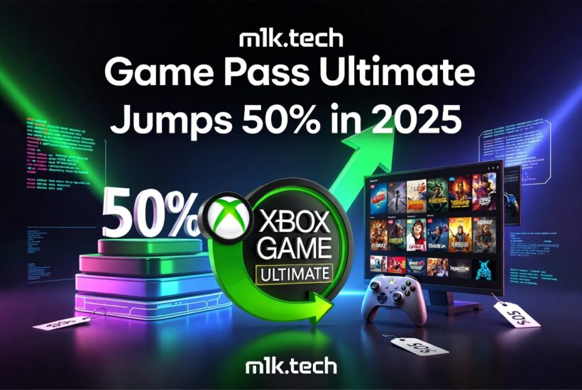 Game Pass Ultimate Jumps 50% in 2025 — Xbox Game Pass Ultimate logo with a green upward arrow and price tags showing the increase