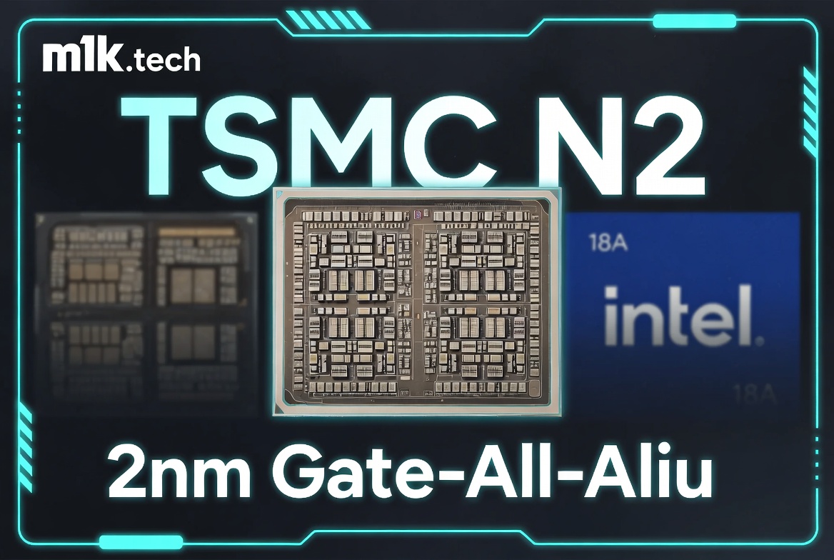 TSMC N2 2nm Gate-All-Around process node, featuring a chip die shot alongside an Intel 18A processor
