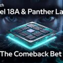 Intel 18A & Panther Lake: The Comeback Bet — m1k.tech article cover with a glowing chip and intense face in the background