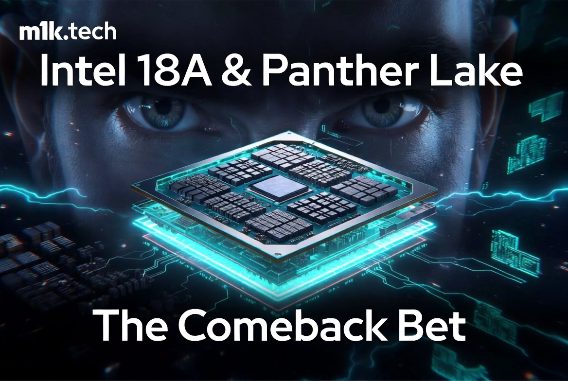 Intel 18A & Panther Lake: The Comeback Bet — m1k.tech article cover with a glowing chip and intense face in the background