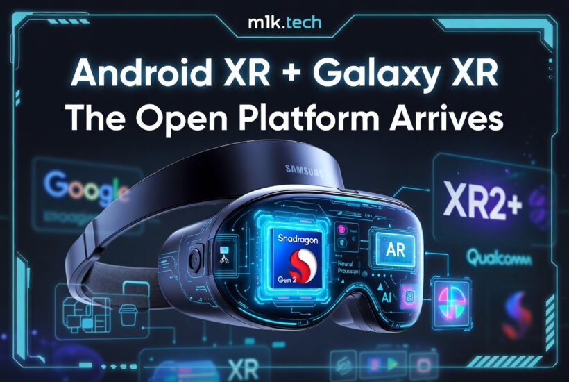 Samsung Galaxy XR headset running Android XR on Snapdragon XR2+ Gen 2, with Google, Qualcomm, and AR branding