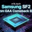 m1k.tech article graphic: Samsung SF2 2nm GAA Comeback Bid, featuring a glowing GAA chip on a circuit board