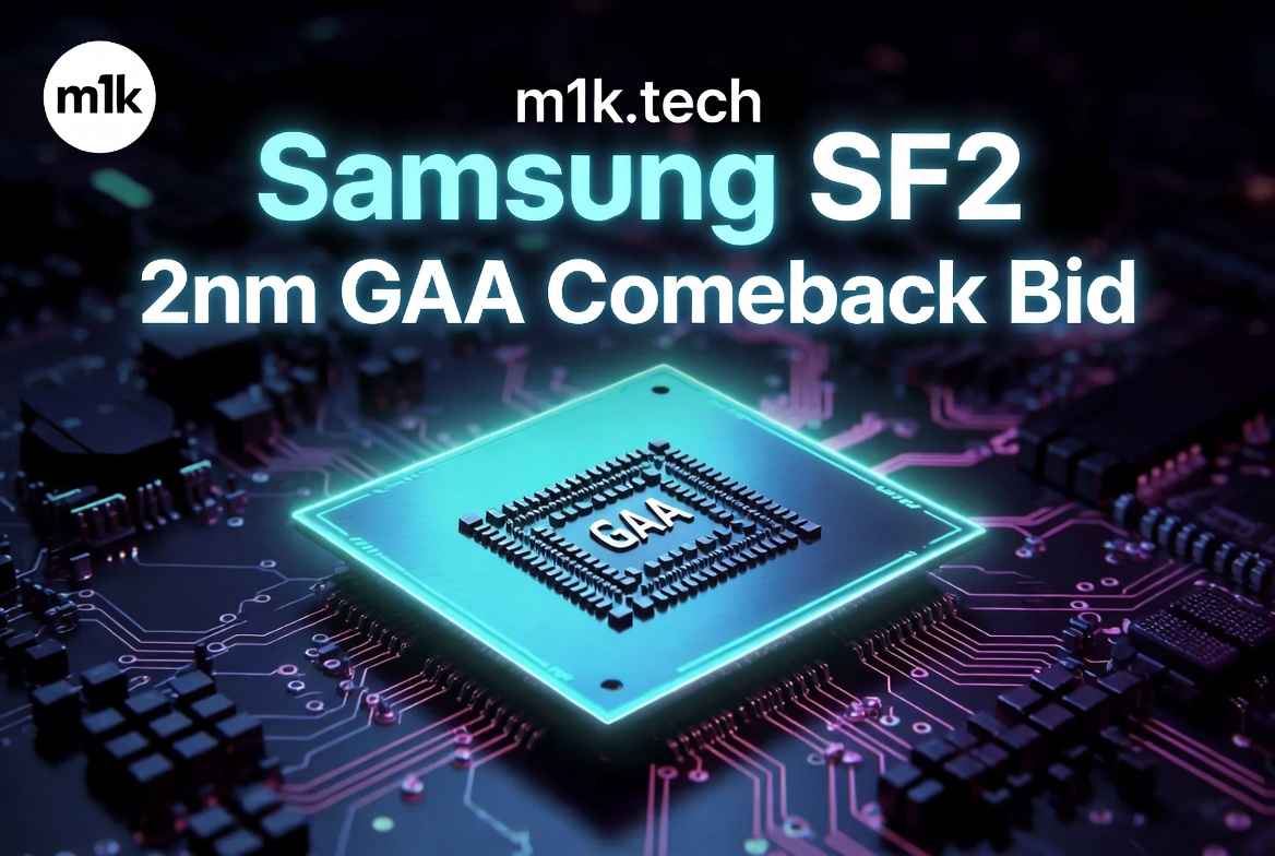 m1k.tech article graphic: Samsung SF2 2nm GAA Comeback Bid, featuring a glowing GAA chip on a circuit board