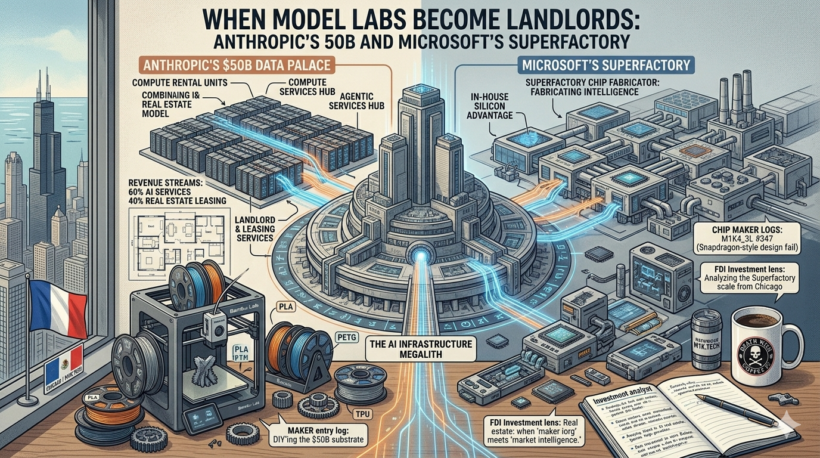 Illustrated infographic comparing Anthropic's $50B data center infrastructure and Microsoft's Superfactory, showing server farms, revenue streams, and AI compute buildout concepts