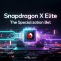 Snapdragon X Elite: The Specialization Bet — stylized chip graphic on a laptop with neon circuit lines, by m1k.tech