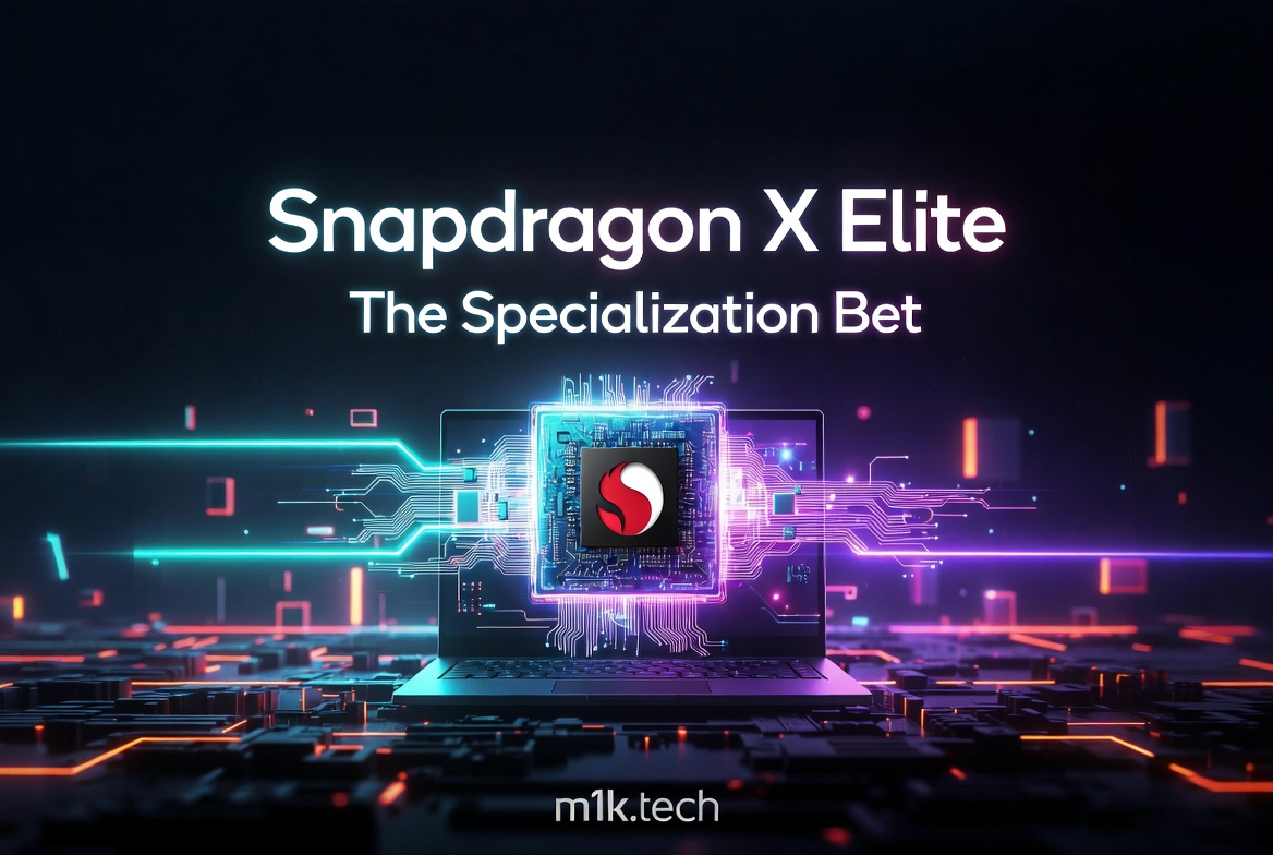 Snapdragon X Elite: The Specialization Bet — stylized chip graphic on a laptop with neon circuit lines, by m1k.tech