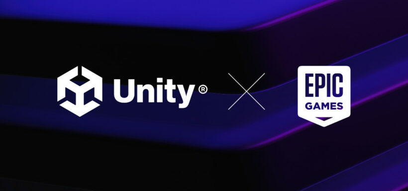 Unity and Epic Games logos side by side with an X symbol, representing their new partnership