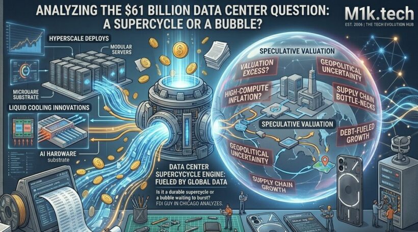 Infographic titled "Analyzing the $61 Billion Data Center Question: A Supercycle or a Bubble?" showing a supercycle engine fed by hyperscale deploys, liquid cooling, and AI hardware flowing into a speculative bubble labeled with debt-fueled growth, valuation excess, high-compute inflation, supply chain bottlenecks, and geopolitical uncertainty