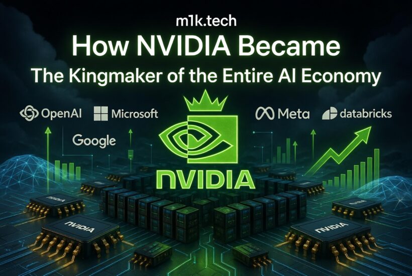 How NVIDIA Became The Kingmaker of the Entire AI Economy — NVIDIA logo crowned, surrounded by logos of OpenAI, Microsoft, Google, Meta, and Databricks