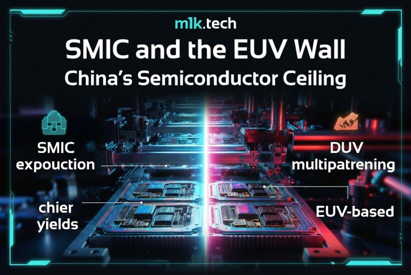 Infographic titled SMIC and the EUV Wall: China's Semiconductor Ceiling, contrasting SMIC DUV multipattering and EUV-based chip yields