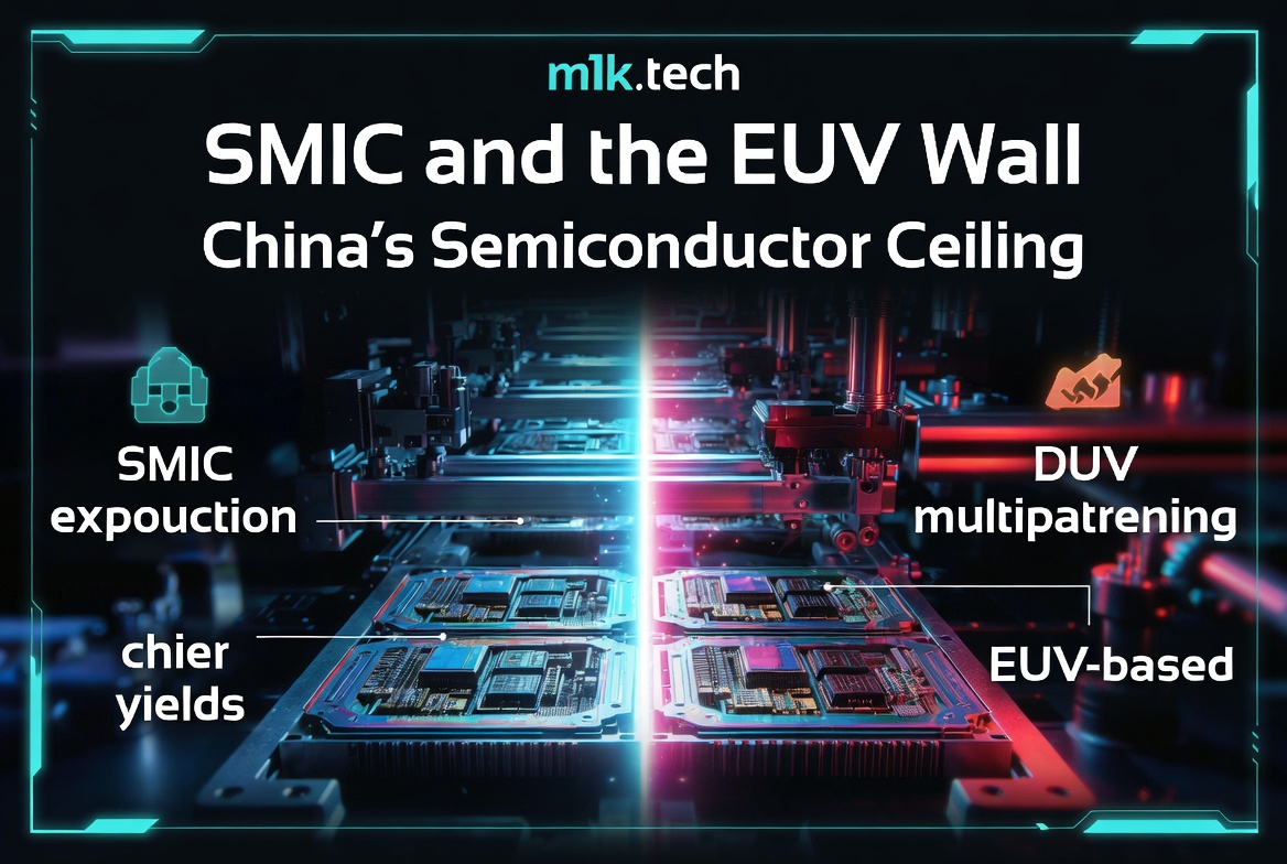 Infographic titled SMIC and the EUV Wall: China's Semiconductor Ceiling, contrasting SMIC DUV multipattering and EUV-based chip yields
