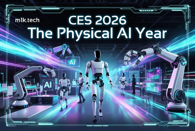 CES 2026: The Physical AI Year, humanoid robots and robotic arms fill a futuristic hall alongside human figures and AI displays