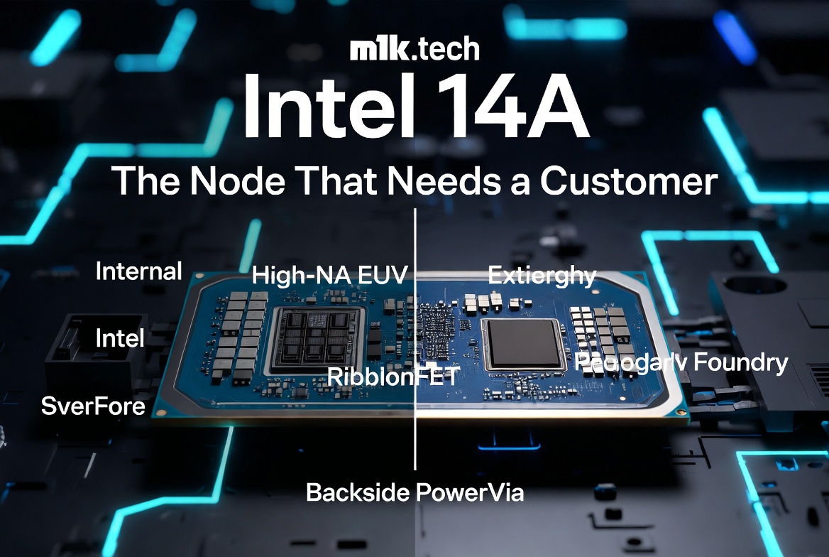 Intel 14A: The Node That Needs a Customer — infographic highlighting key technologies: High-NA EUV, RibbonFET, and Backside PowerVia, split between internal and foundry use cases