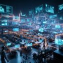Futuristic automated factory floor with humanoid robots, glowing data streams, and holographic displays showing real-time analytics