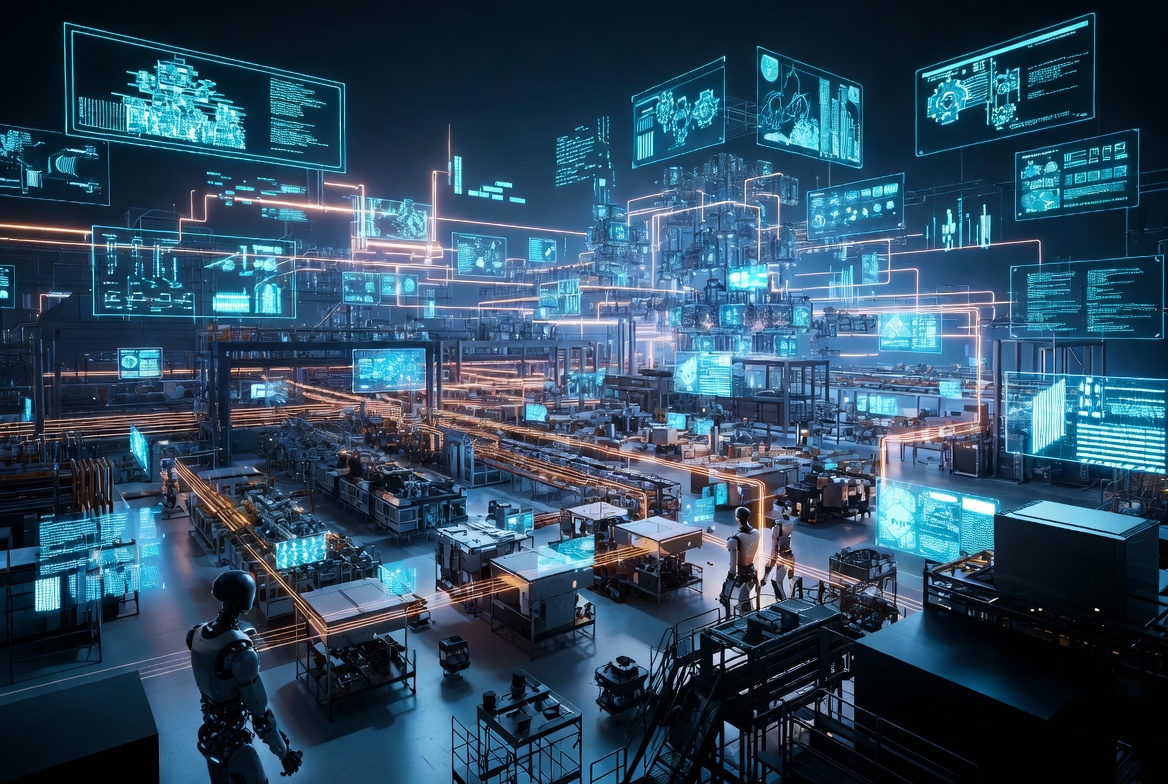 Futuristic automated factory floor with humanoid robots, glowing data streams, and holographic displays showing real-time analytics