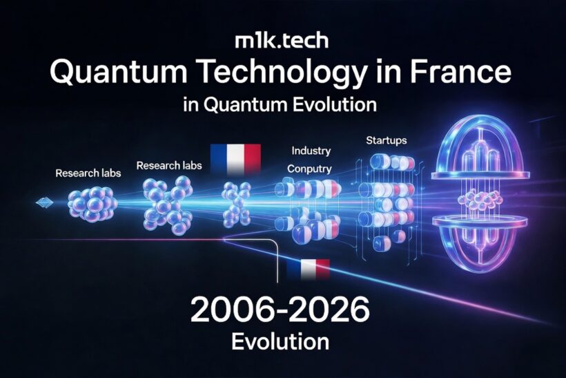 Diagram showing France's quantum technology evolution from 2006 to 2026, progressing from research labs through industry to startups and advanced quantum computing hardware