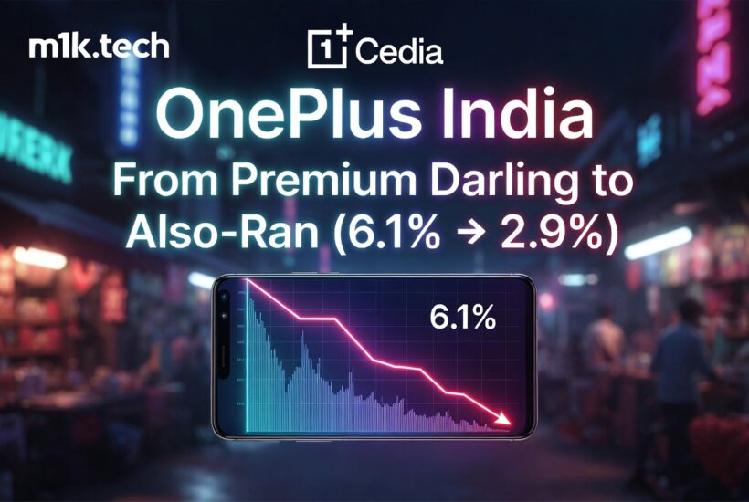 OnePlus India market share decline from 6.1% to 2.9%, shown as a downward trend chart on a smartphone screen