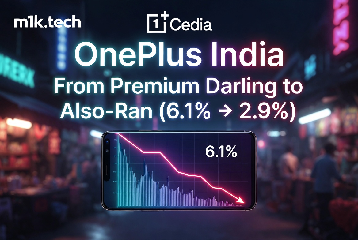OnePlus India market share decline from 6.1% to 2.9%, shown as a downward trend chart on a smartphone screen